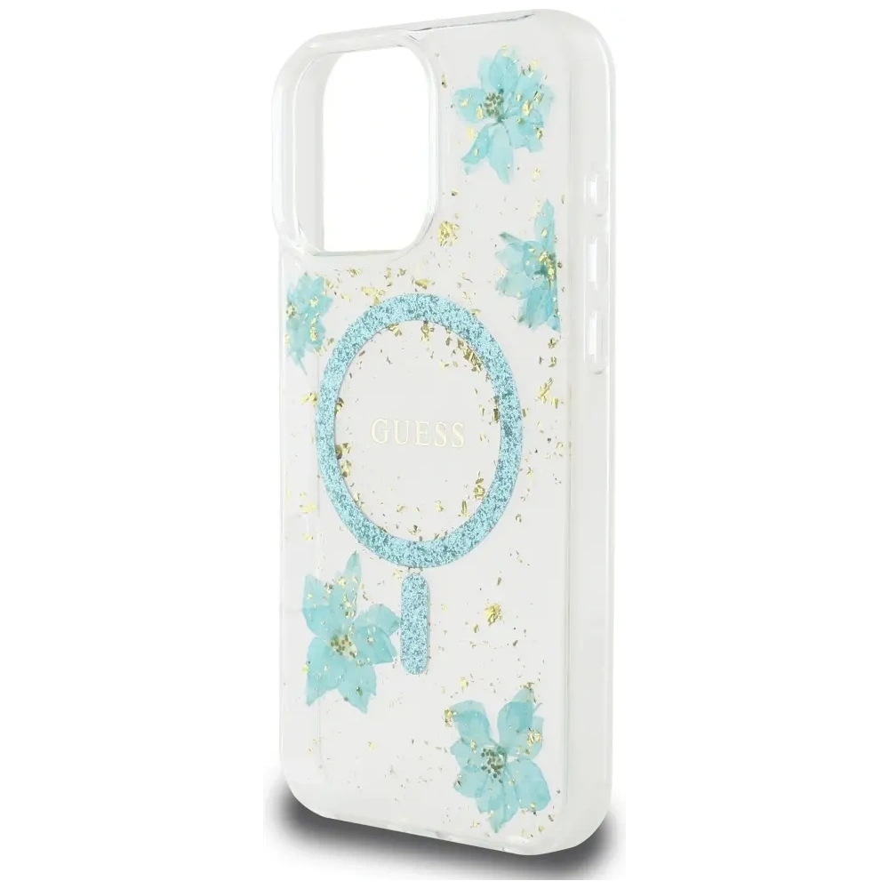 Wholesale Case Guess Resin Flowers Glitter MagSafe for Apple iPhone 16 Pro Max turquoise - GUE4498 - {ean13} - Hurt