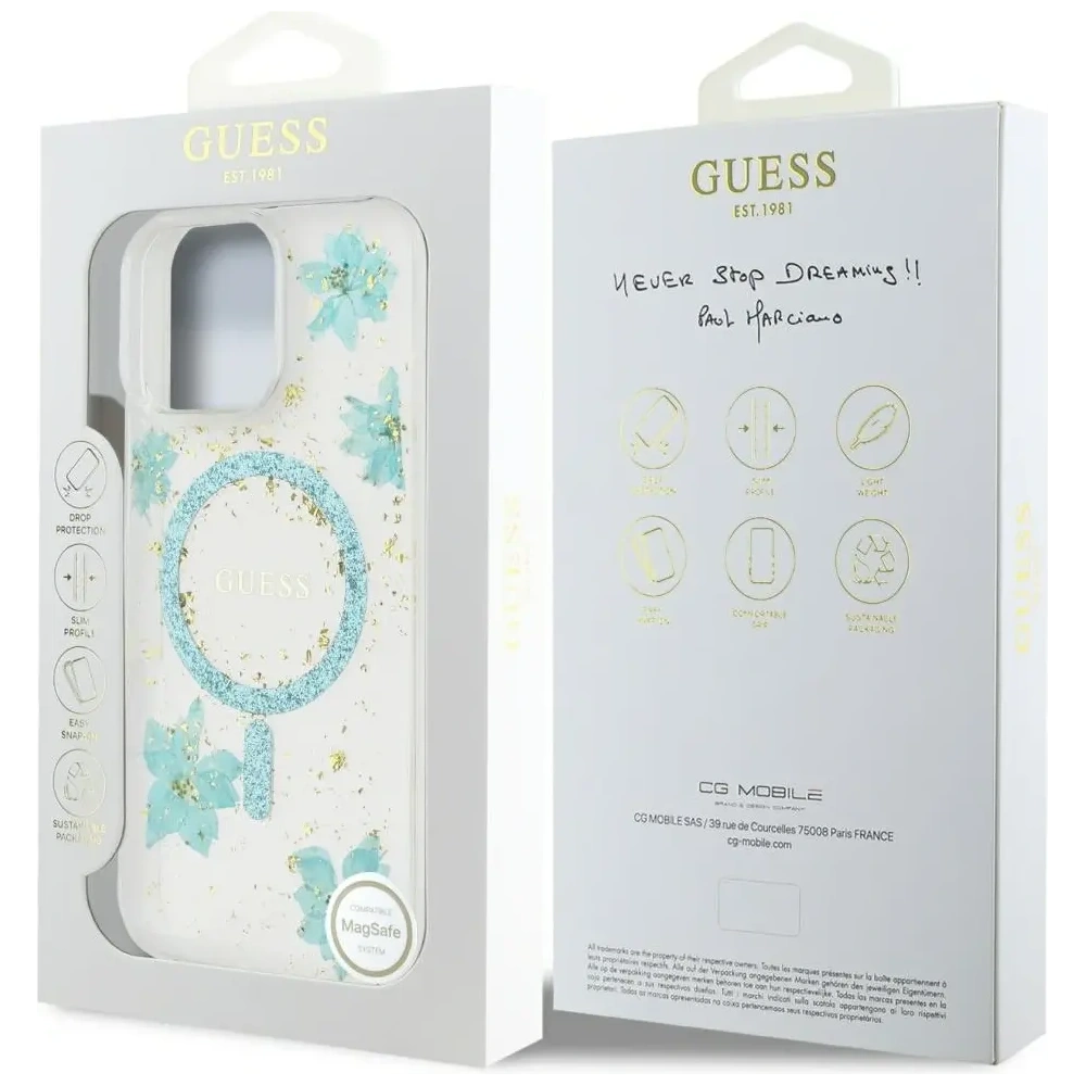 Wholesale Case Guess Resin Flowers Glitter MagSafe for Apple iPhone 16 Pro Max turquoise - GUE4498 - {ean13} - Hurt