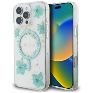 Hurtownia GSM - Etui Guess Resin Flowers Glitter MagSafe pro Apple iPhone 16 Pro tyrkysový - GUE4499 - {ean13} - Hurt