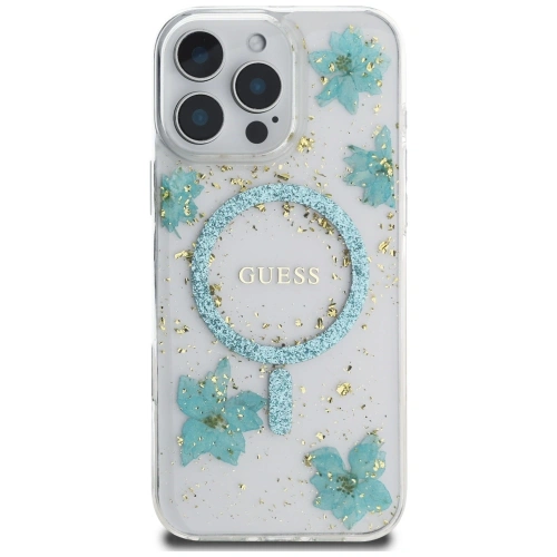 Etui Guess Resin Flowers Glitter MagSafe do Apple iPhone 16 Pro turkusowy