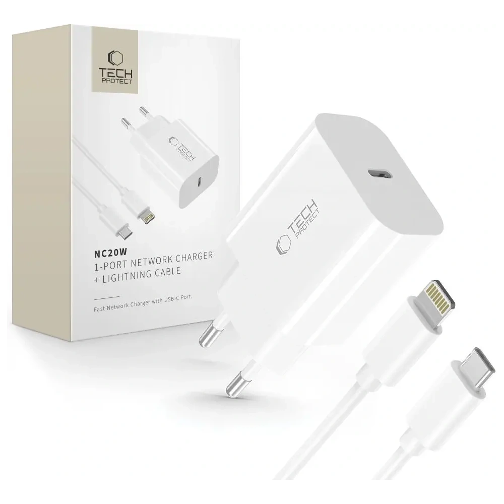 Hurtownia GSM - Tech-Protect NC20W 1-port USB-C Hálózati Töltő PD 20W + Lightning Kábel Fehér - THP4067 - {ean13} - Hurt