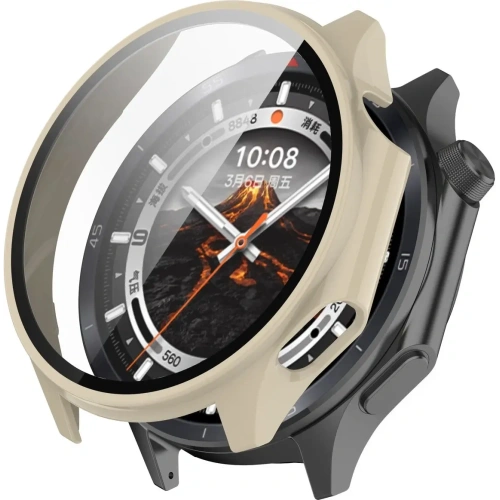 Etui ze szkłem do zegarka Bizon Case+Glass Watch do OnePlus Watch 3 / Oppo Watch X2 beżowe