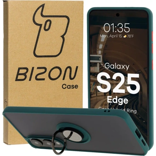 Etui z uchwytem na palec Bizon Case Hybrid Ring do Samsung Galaxy S25 Edge przydymione z ciemnozieloną ramką