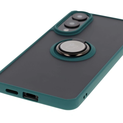 Etui z uchwytem na palec Bizon Case Hybrid Ring do Samsung Galaxy S25 Edge przydymione z ciemnozieloną ramką