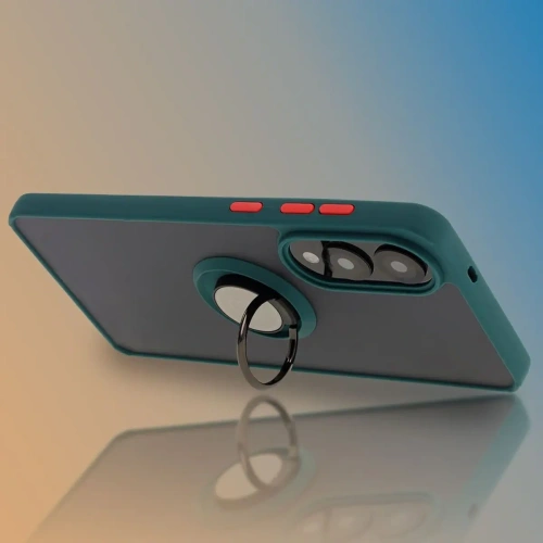 Etui z uchwytem na palec Bizon Case Hybrid Ring do Samsung Galaxy S25 Edge przydymione z ciemnozieloną ramką