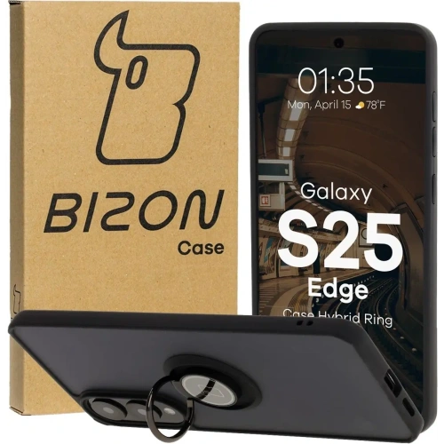 Etui z uchwytem na palec Bizon Case Hybrid Ring do Samsung Galaxy S25 Edge przydymione z czarną ramką