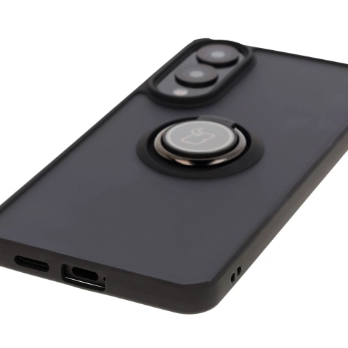 Etui z uchwytem na palec Bizon Case Hybrid Ring do Samsung Galaxy S25 Edge przydymione z czarną ramką