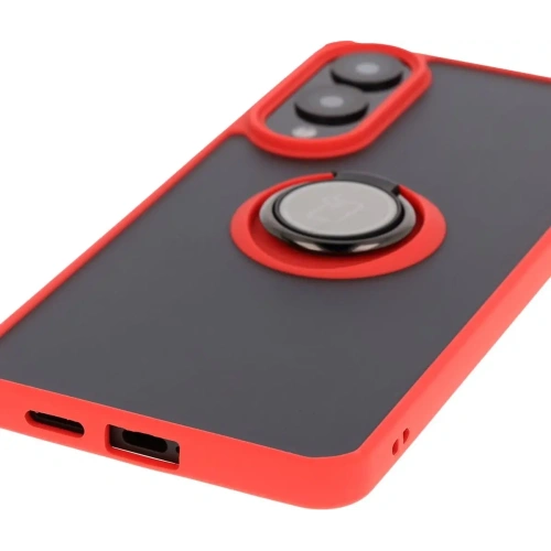 Etui z uchwytem na palec Bizon Case Hybrid Ring do Samsung Galaxy S25 Edge przydymione z czerwoną ramką