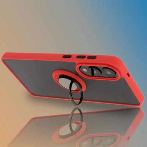 Etui z uchwytem na palec Bizon Case Hybrid Ring do Samsung Galaxy S25 Edge przydymione z czerwoną ramką