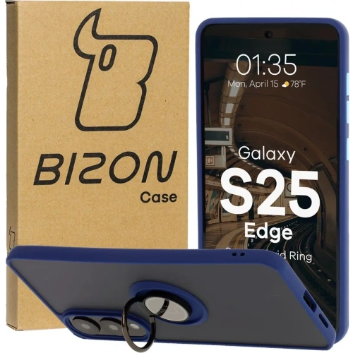 Etui z uchwytem na palec Bizon Case Hybrid Ring do Samsung Galaxy S25 Edge przydymione z granatową ramką