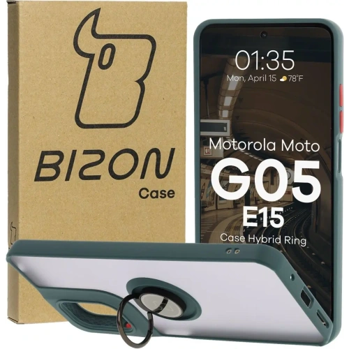 Etui z uchwytem na palec Bizon Case Hybrid Ring do Motorola Moto G05 / E15 przydymione z ciemnozieloną ramką