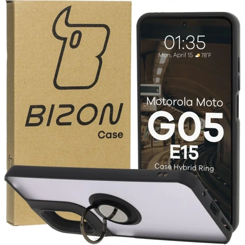 Etui z uchwytem na palec Bizon Case Hybrid Ring do Motorola Moto G05 / E15 przydymione z czarną ramką