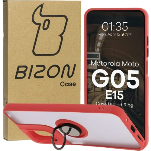 Etui z uchwytem na palec Bizon Case Hybrid Ring do Motorola Moto G05 / E15 przydymione z czerwoną ramką
