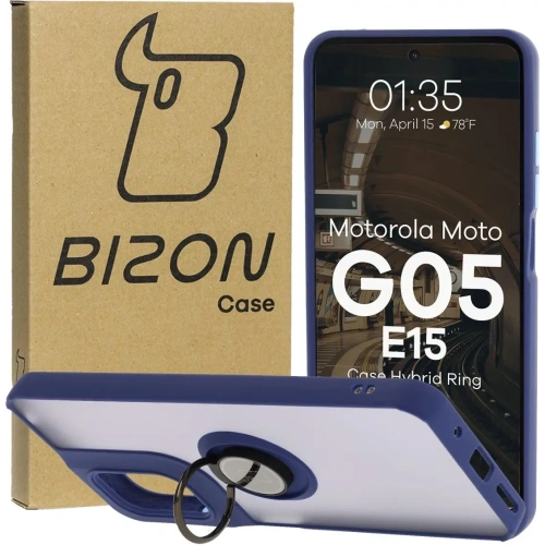 Etui z uchwytem na palec Bizon Case Hybrid Ring do Motorola Moto G05 / E15 przydymione z granatową ramką