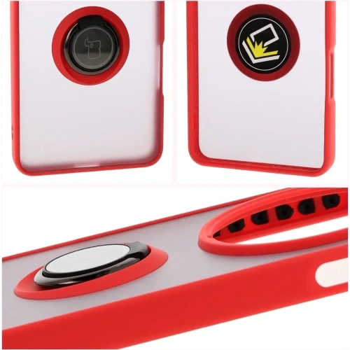 Etui z uchwytem na palec Bizon Case Hybrid Ring do Oppo Find X8 Pro przydymione z czerwoną ramką