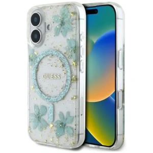 Wholesale Guess Resin Flowers Glitter MagSafe Apple iPhone 16 turquoise - GUE4501 - {ean13} - Hurt