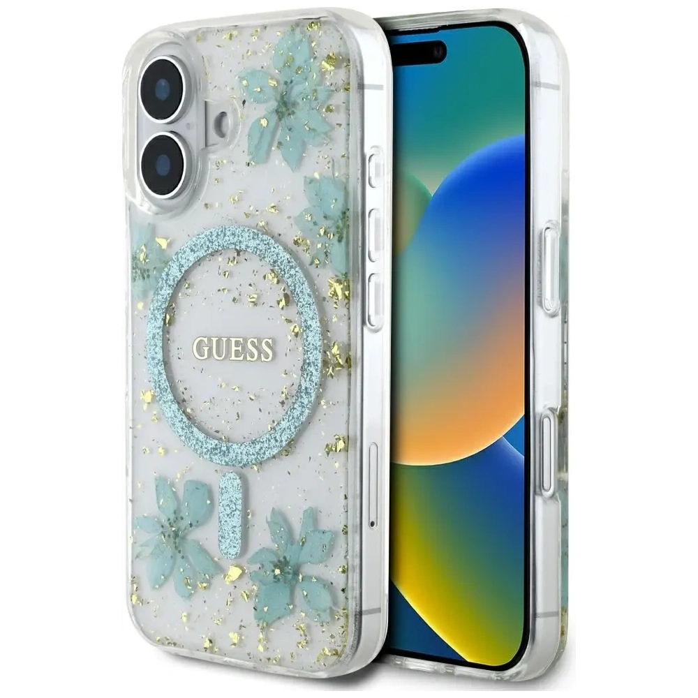 Wholesale Guess Resin Flowers Glitter MagSafe Apple iPhone 16 turquoise - GUE4501 - {ean13} - Hurt