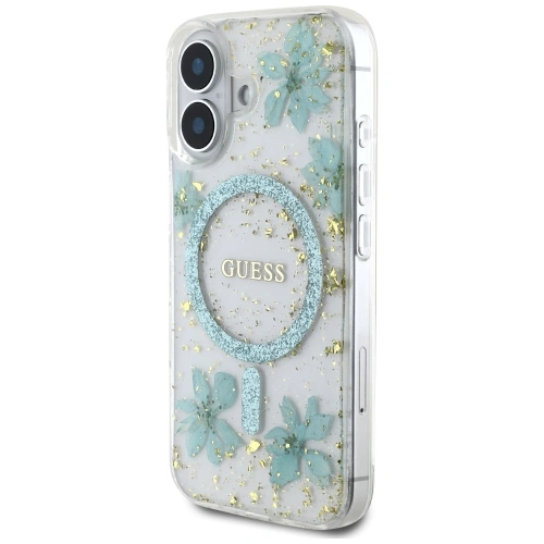 Etui Guess Resin Flowers Glitter MagSafe do Apple iPhone 16 turkusowy