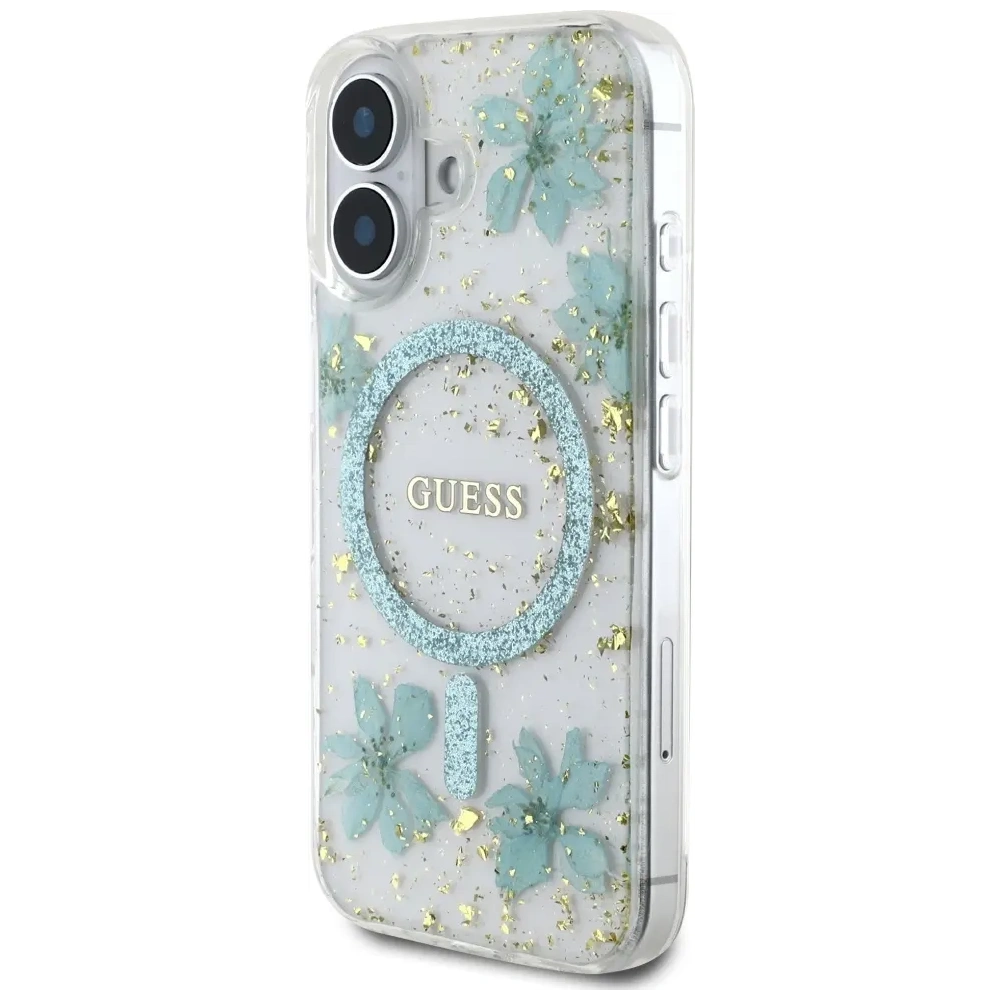 Wholesale Guess Resin Flowers Glitter MagSafe Apple iPhone 16 turquoise - GUE4501 - {ean13} - Hurt