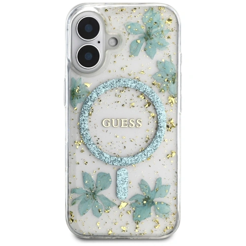Etui Guess Resin Flowers Glitter MagSafe do Apple iPhone 16 turkusowy