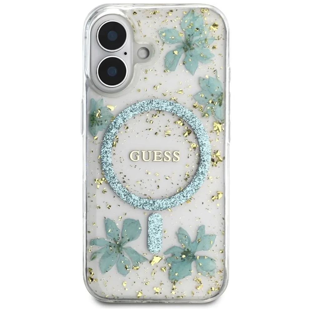 Wholesale Guess Resin Flowers Glitter MagSafe Apple iPhone 16 turquoise - GUE4501 - {ean13} - Hurt