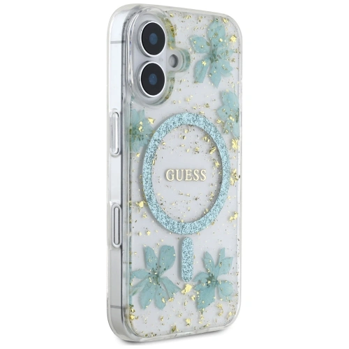 Etui Guess Resin Flowers Glitter MagSafe do Apple iPhone 16 turkusowy