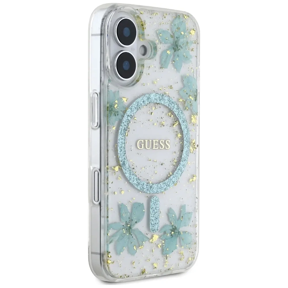 Wholesale Guess Resin Flowers Glitter MagSafe Apple iPhone 16 turquoise - GUE4501 - {ean13} - Hurt