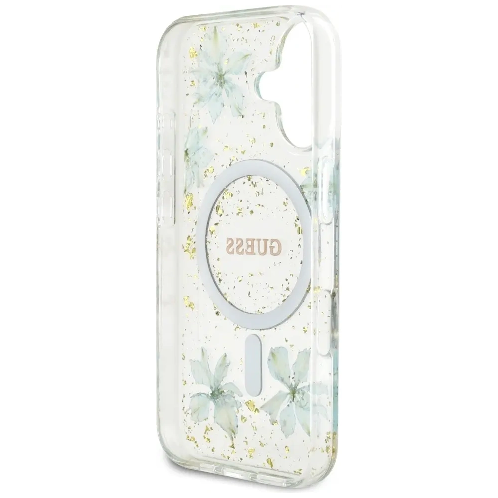 Wholesale Guess Resin Flowers Glitter MagSafe Apple iPhone 16 turquoise - GUE4501 - {ean13} - Hurt