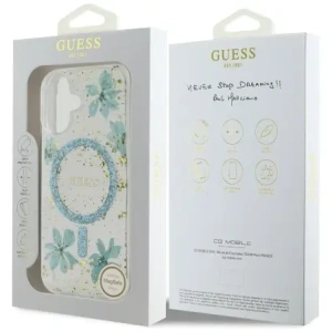 Wholesale Guess Resin Flowers Glitter MagSafe Apple iPhone 16 turquoise - GUE4501 - {ean13} - Hurt