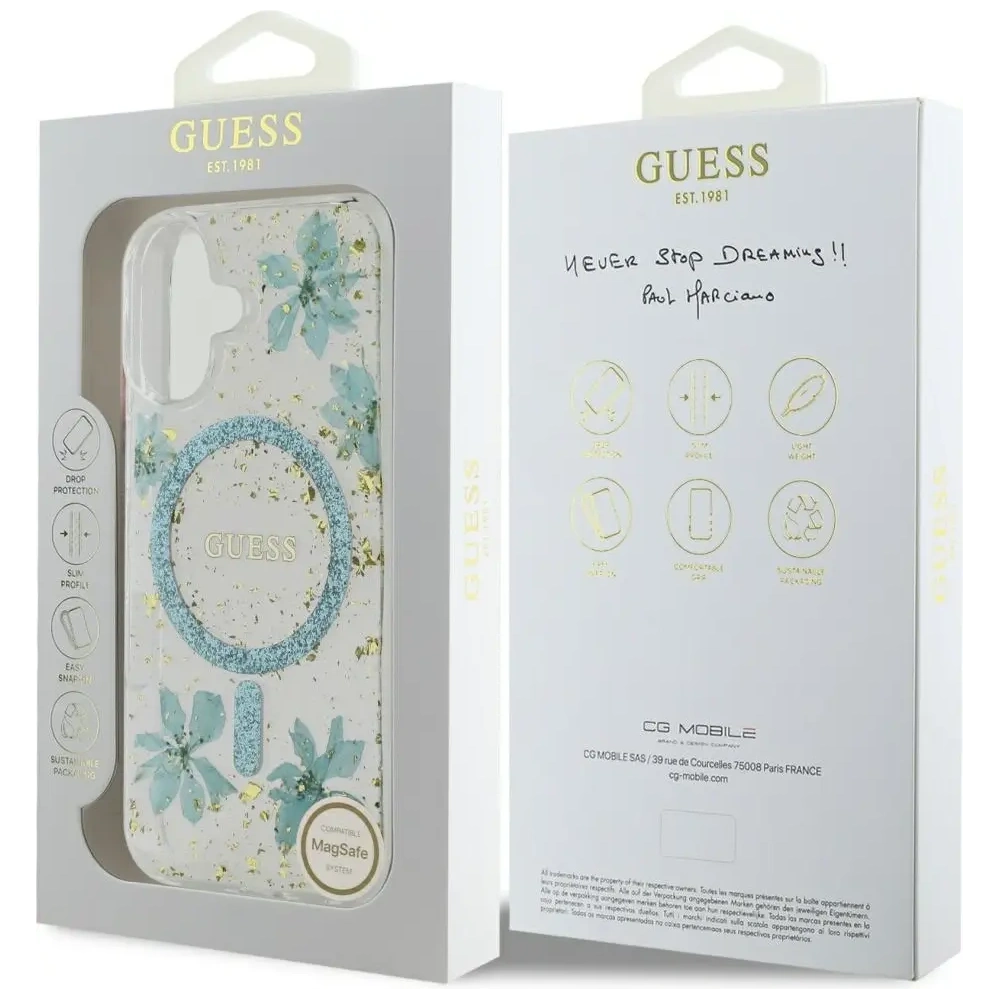 Wholesale Guess Resin Flowers Glitter MagSafe Apple iPhone 16 turquoise - GUE4501 - {ean13} - Hurt