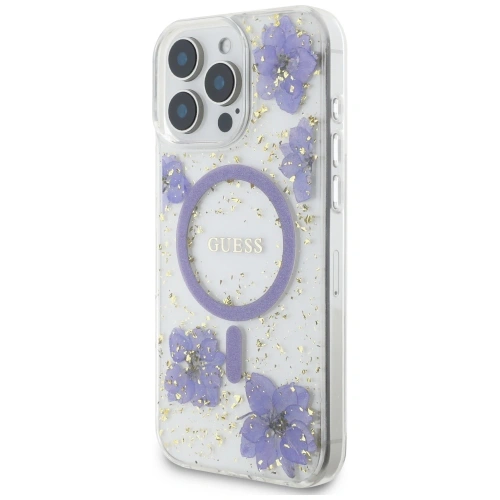 Etui Guess Resin Flowers MagSafe do Apple iPhone 16 Pro fioletowy