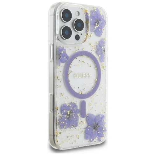 Etui Guess Resin Flowers MagSafe do Apple iPhone 16 Pro fioletowy