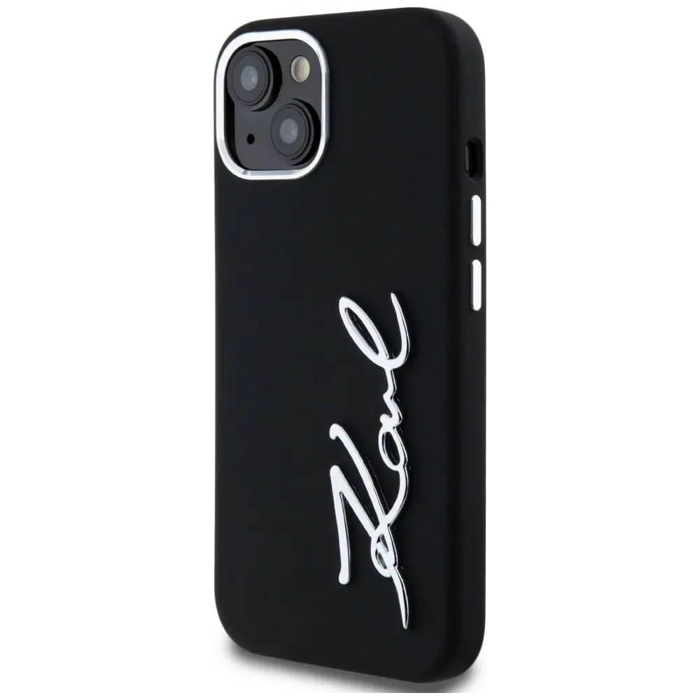 Wholesale Karl Lagerfeld Silicone Metal Script Logo Apple iPhone 15 black - KLD21999 - {ean13} - Hurt
