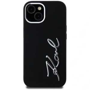 Wholesale Karl Lagerfeld Silicone Metal Script Logo Apple iPhone 15 black - KLD21999 - {ean13} - Hurt