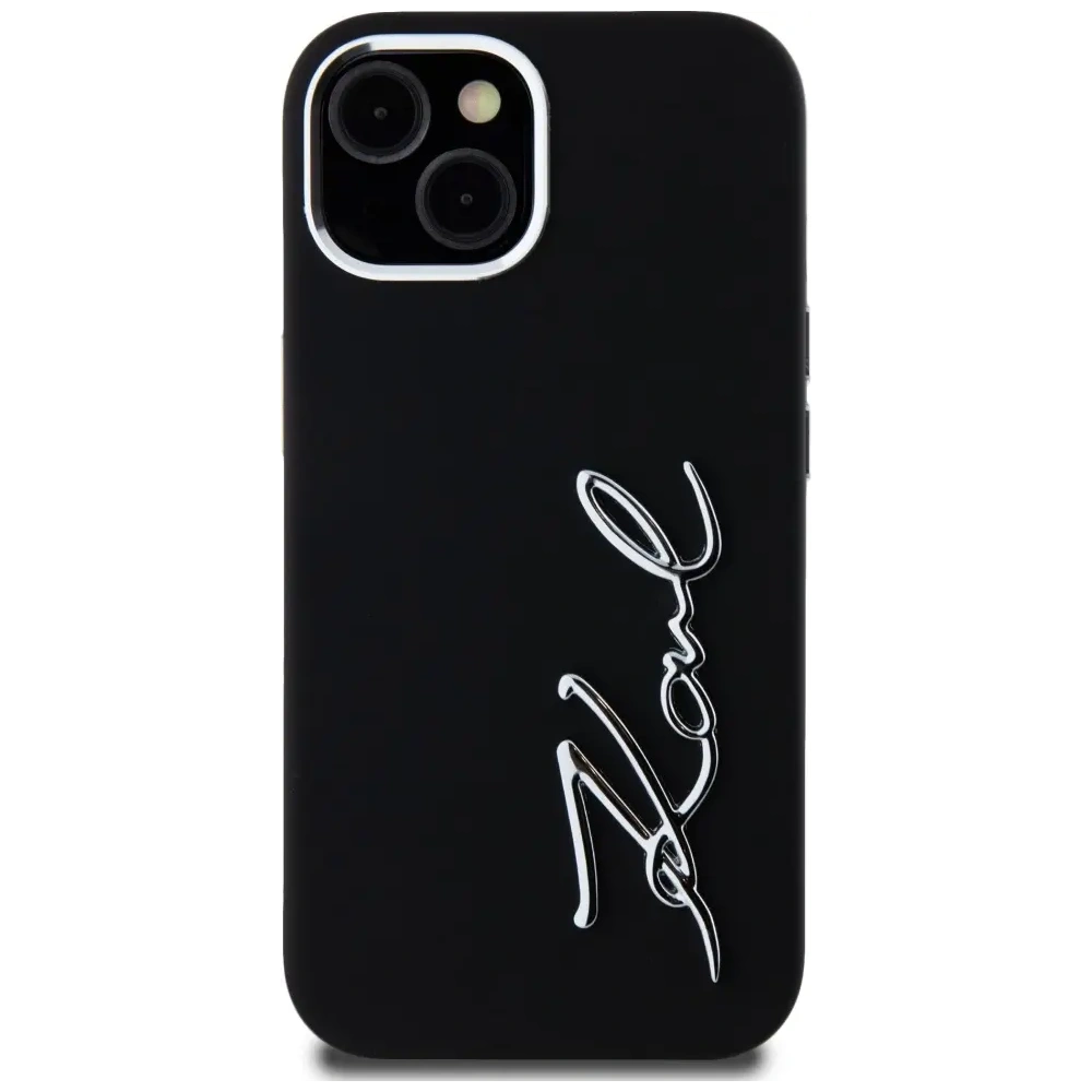 Wholesale Karl Lagerfeld Silicone Metal Script Logo Apple iPhone 15 black - KLD21999 - {ean13} - Hurt