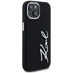 Wholesale Karl Lagerfeld Silicone Metal Script Logo Apple iPhone 15 black - KLD21999 - {ean13} - Hurt