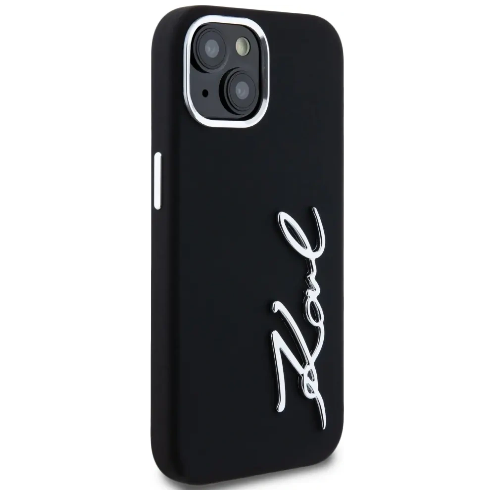 Wholesale Karl Lagerfeld Silicone Metal Script Logo Apple iPhone 15 black - KLD21999 - {ean13} - Hurt