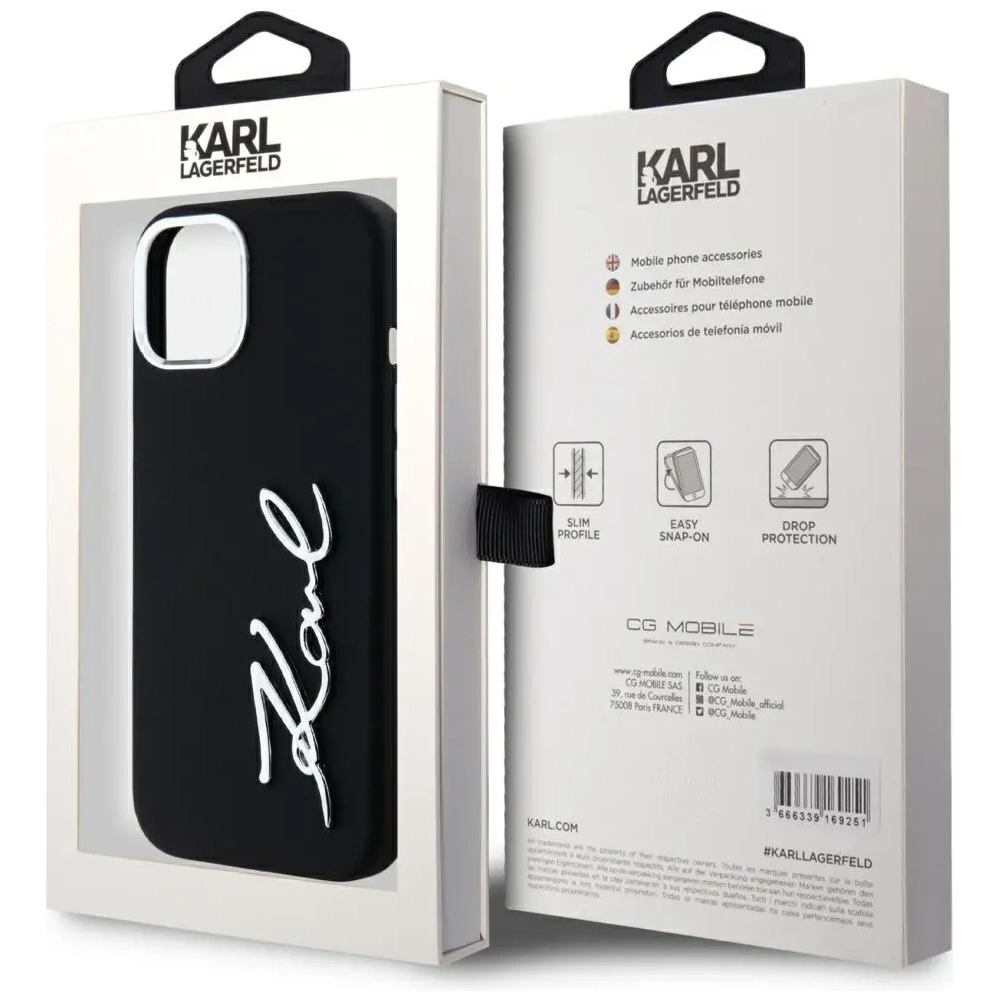 Hurtownia GSM - Karl Lagerfeld silikonová kovová script logo Apple iPhone 15 černý - KLD21999 - {ean13} - Hurt
