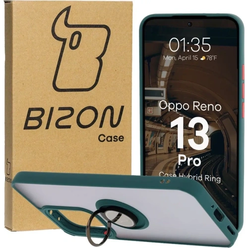 Etui z uchwytem na palec Bizon Case Hybrid Ring do Oppo Reno13 Pro przydymione z ciemnozieloną ramką