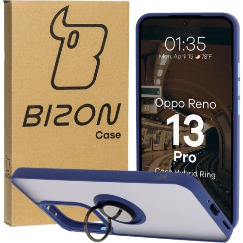 Etui z uchwytem na palec Bizon Case Hybrid Ring do Oppo Reno13 Pro przydymione z granatową ramką