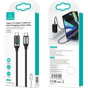 Wholesale [CR] USAMS U78 USB-C/USB-C LED Cable 3m 100W Fast Charging black/black US-SJ559 - OT-875 - {ean13} - Hurt