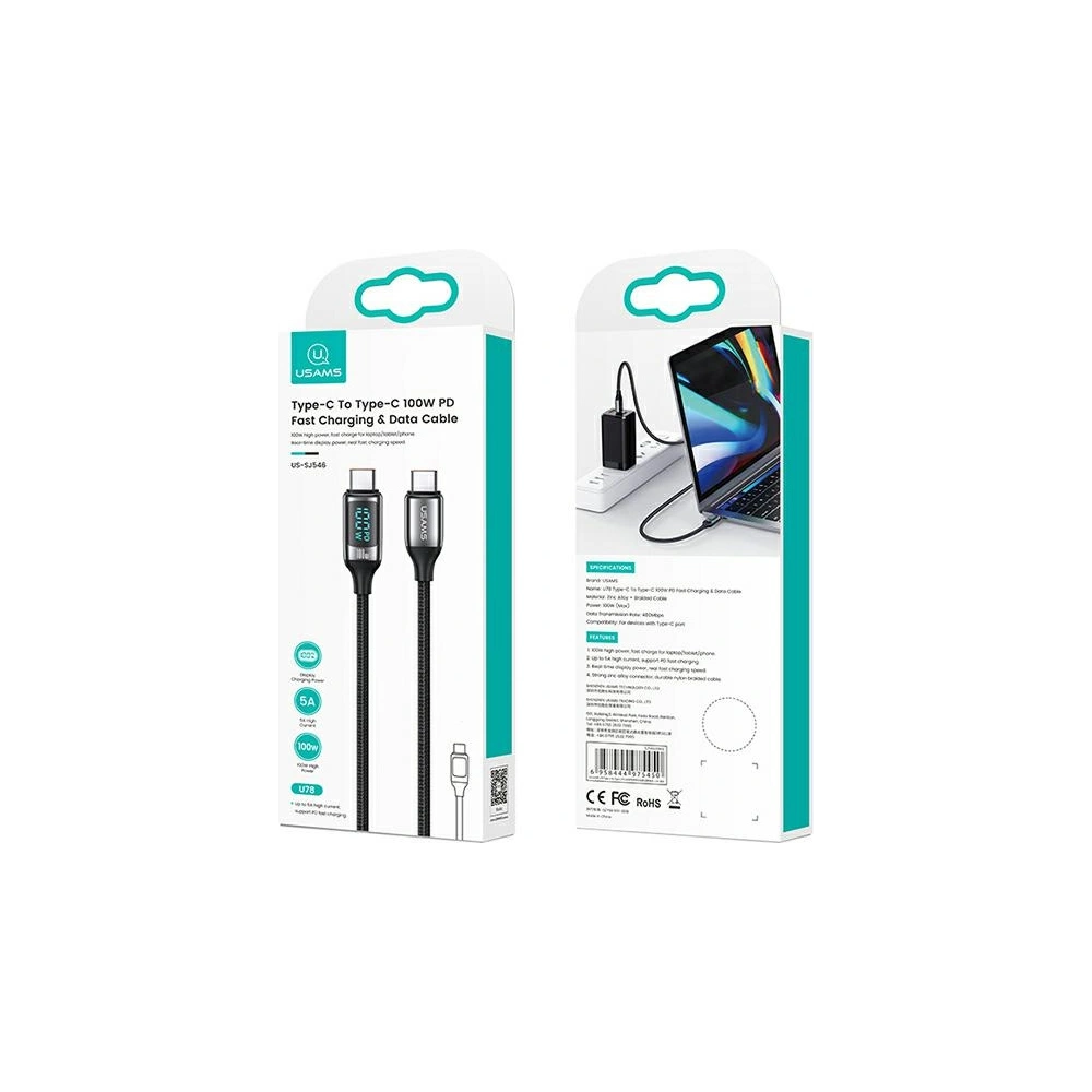 Hurtownia GSM - [CR] Kabel USAMS U78 USB-C/USB-C LED 3m 100W Fast Charging czarny/black US-SJ559 - OT-875 - {ean13} - Hurt
