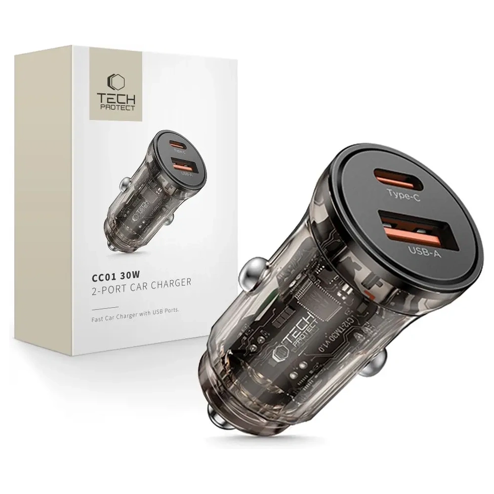 Wholesale Tech-Protect CC01 2-port Car Charger USB-A, USB-C PD 30W / QC 3.0 Black - THP4073 - {ean13} - Hurt