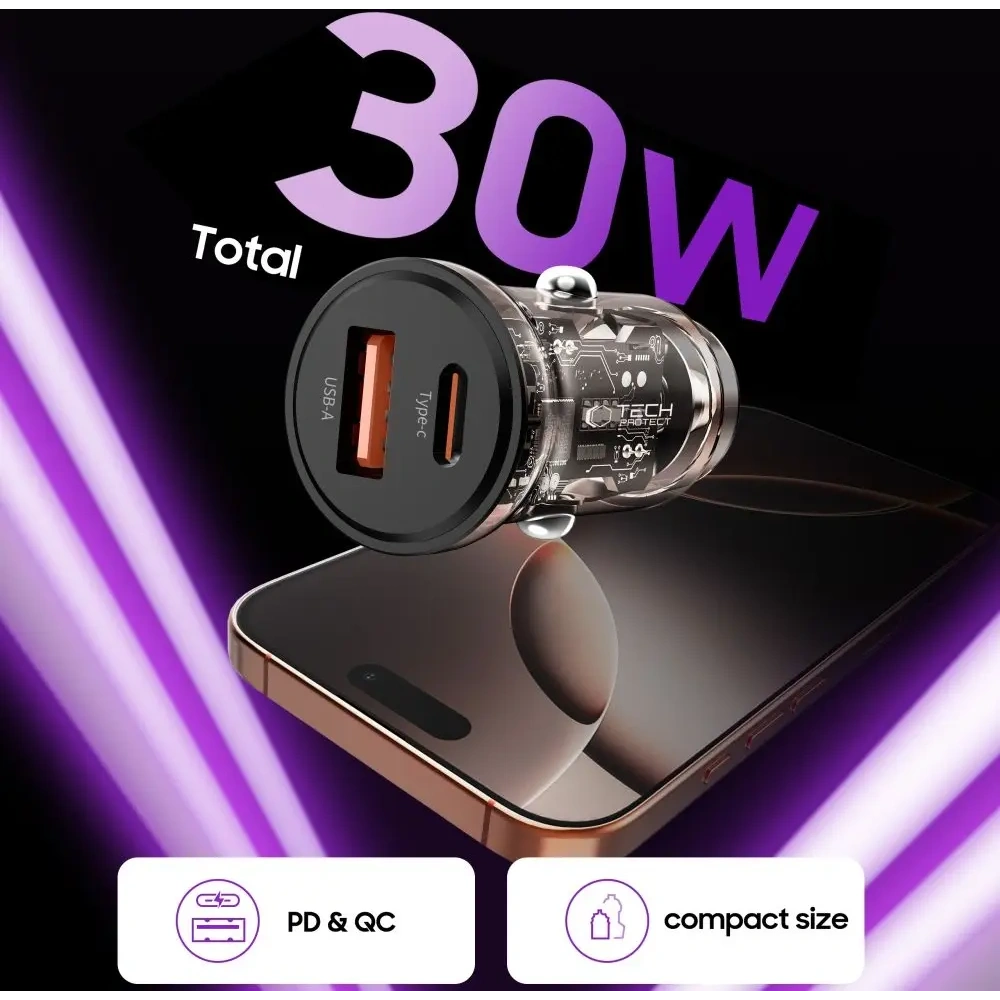 Wholesale Tech-Protect CC01 2-port Car Charger USB-A, USB-C PD 30W / QC 3.0 Black - THP4073 - {ean13} - Hurt