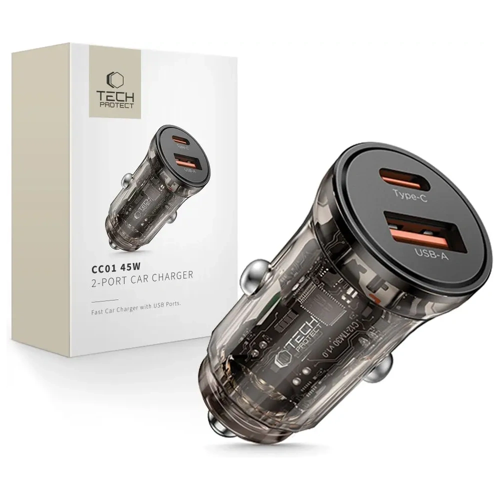 Wholesale Tech-Protect CC01 2-port Car Charger USB-A, USB-C PD 45W / QC 3.0 Black - THP4074 - {ean13} - Hurt