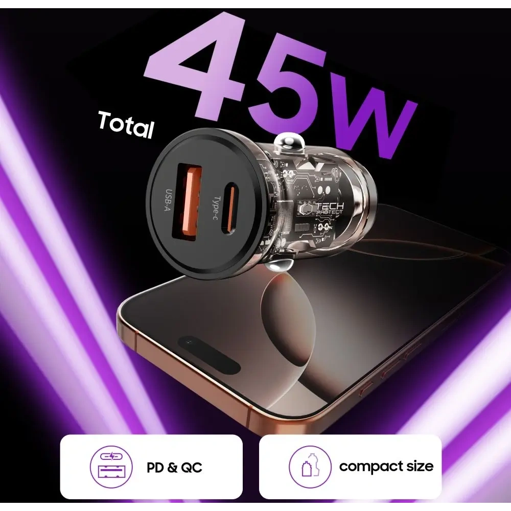 Wholesale Tech-Protect CC01 2-port Car Charger USB-A, USB-C PD 45W / QC 3.0 Black - THP4074 - {ean13} - Hurt
