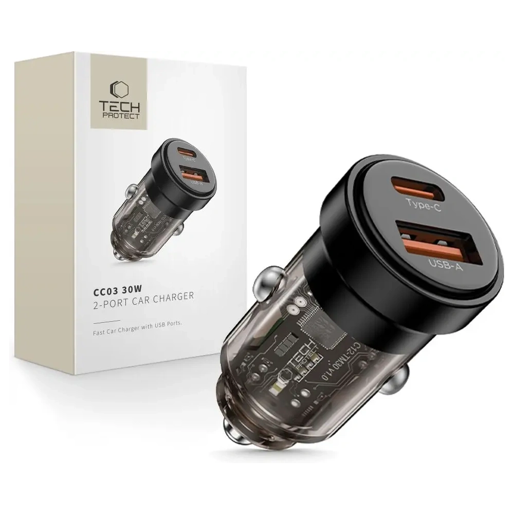 Wholesale Tech-Protect CC03 2-port Car Charger USB-A, USB-C PD 30W / QC 3.0 Black - THP4075 - {ean13} - Hurt