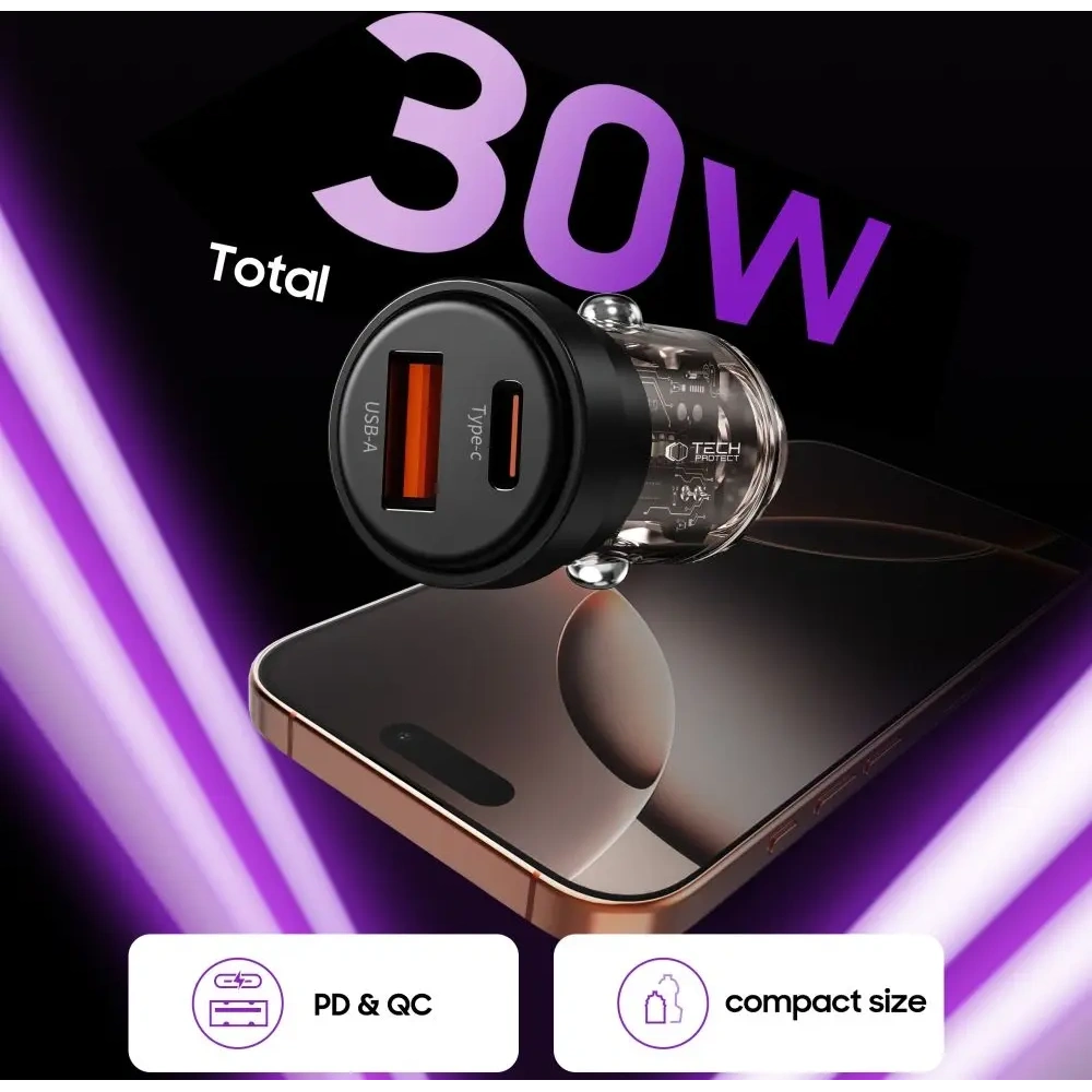 Wholesale Tech-Protect CC03 2-port Car Charger USB-A, USB-C PD 30W / QC 3.0 Black - THP4075 - {ean13} - Hurt