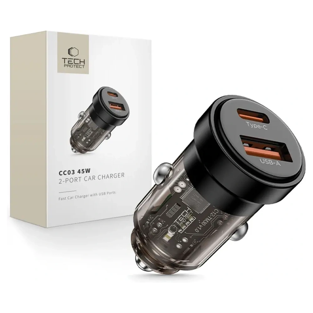 Wholesale Tech-Protect CC03 2-port Car Charger USB-A, USB-C PD 45W / QC 3.0 Black - THP4076 - {ean13} - Hurt