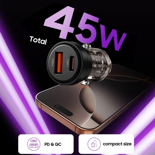 Ładowarka samochodowa Tech-Protect CC03 2-port Car Charger USB-A, USB-C PD 45W / QC 3.0 Black